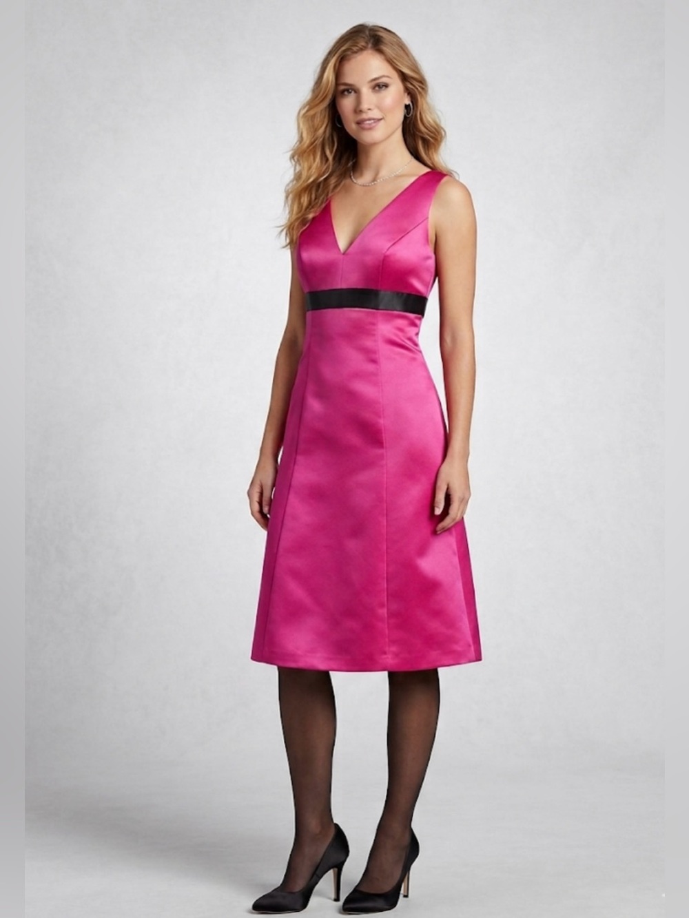 After Six Fuchsia Pink Satin V-Neck Fit & Flare Cocktail Bridesmaid Dress 2 NWT